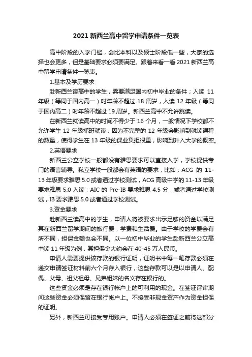 2021新西兰高中留学申请条件一览表