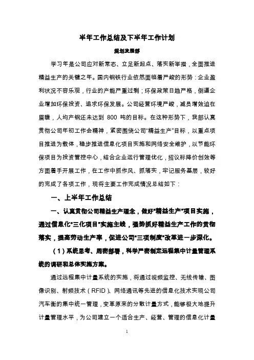 规划发展部半年工作总结及下半年工作计划综述