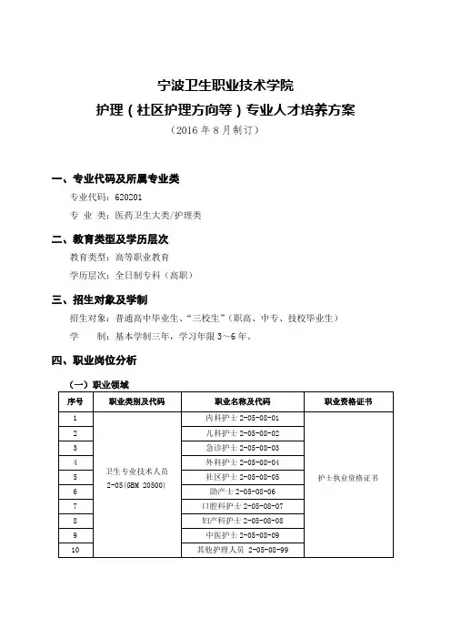 宁波卫生职业技术学院护理(社区护理方向等)专业人才培养方案