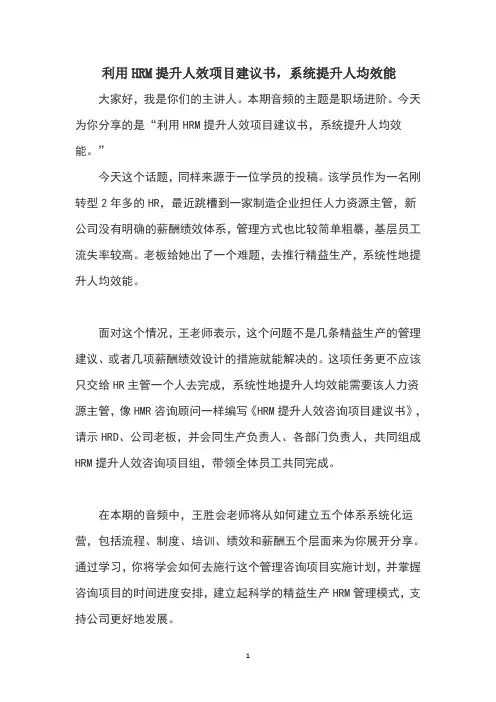 利用HRM提升人效项目建议书,系统提升人均效能