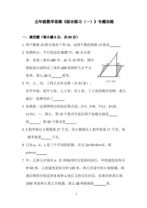 五年级数学思维《综合练习(一)》专题训练