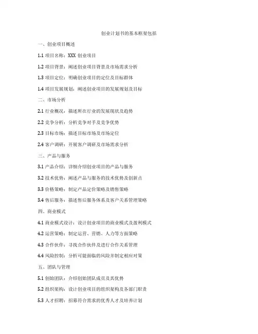 创业计划书的基本框架包括