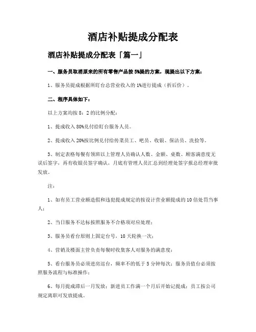 酒店补贴提成分配表