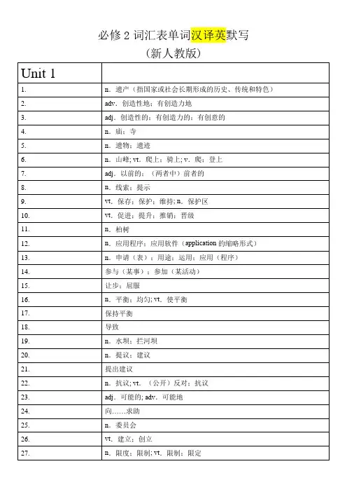 必修2词汇表单词汉译英默写(新人教版)