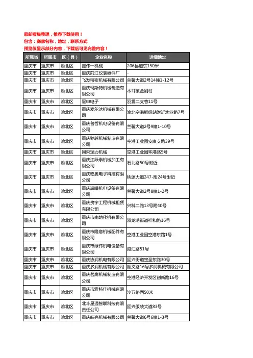 新版重庆市重庆市渝北区机械机电企业公司商家户名录单联系方式地址大全162家
