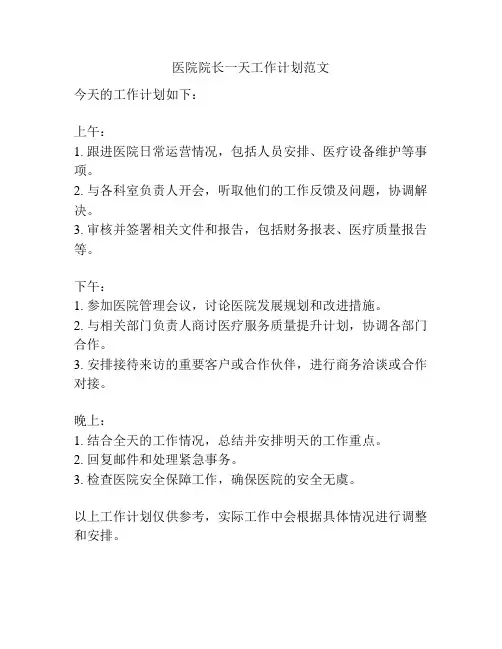 医院院长一天工作计划范文