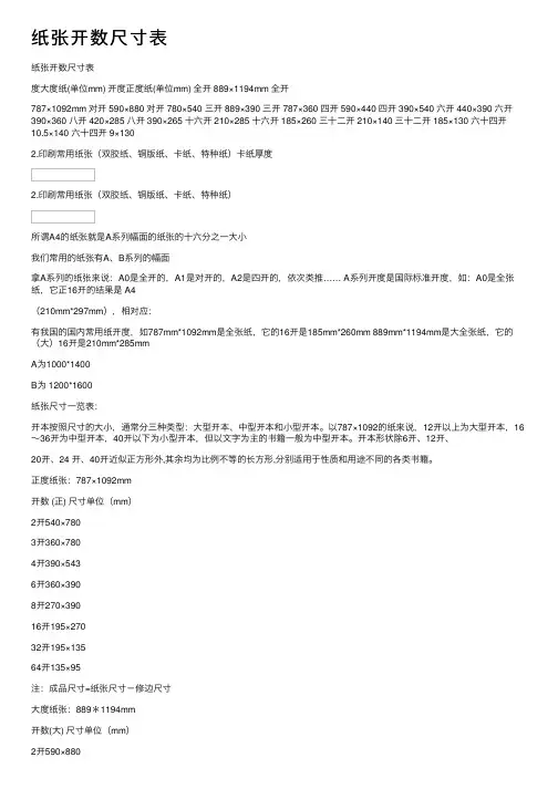 纸张开数尺寸表