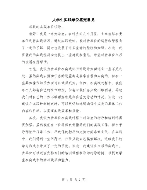 大学生实践单位鉴定意见