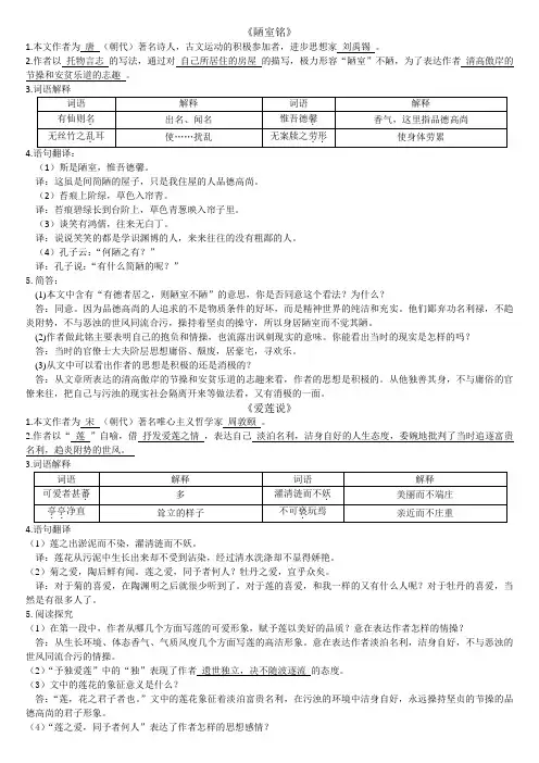 八年级上册《陋室铭》《爱莲说》复习题及答案