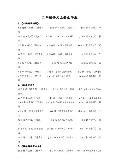 部编人版二年级语文(上册)生字表
