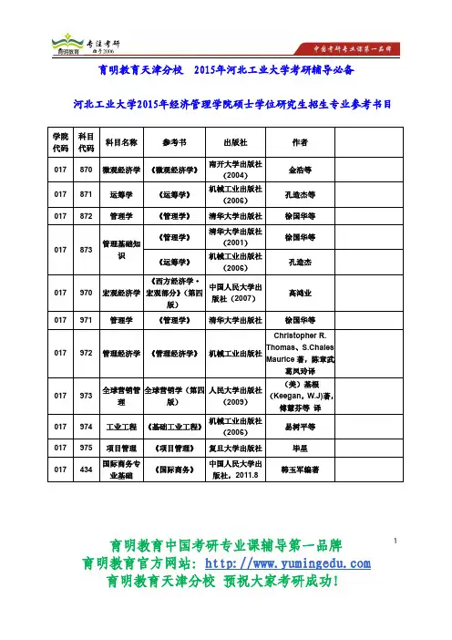 河北工业大学2015年经济管理学院硕士学位研究生招生专业参考书目