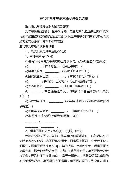 淮北市九年级语文联考试卷及答案