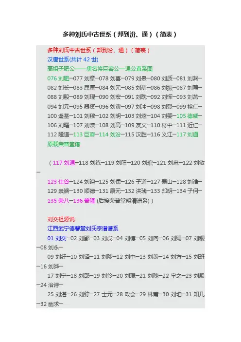 多种刘氏中古世系（邦到汾、通）（简表）