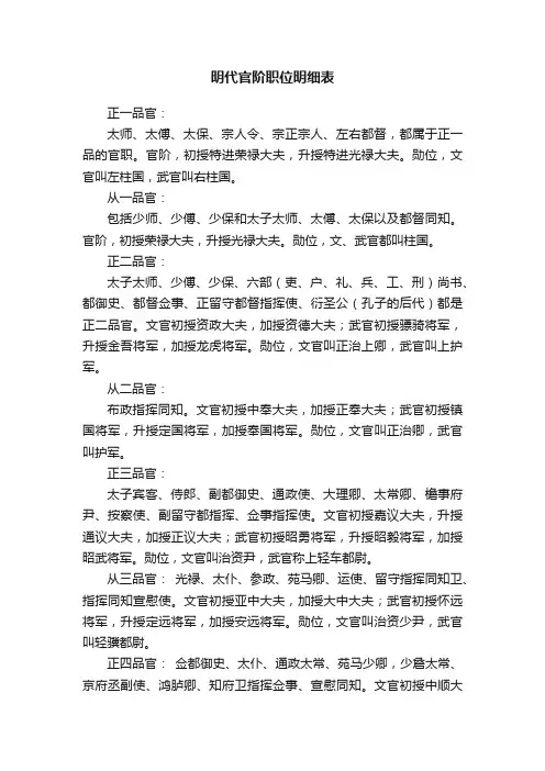 明代官阶职位明细表