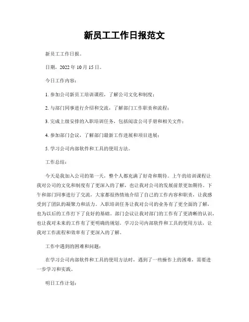 新员工工作日报范文