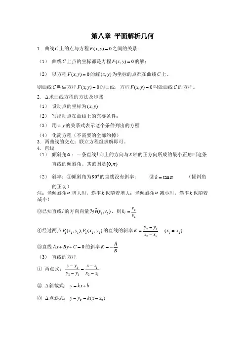 高中数学 第八章 平面解析几何 知识汇总