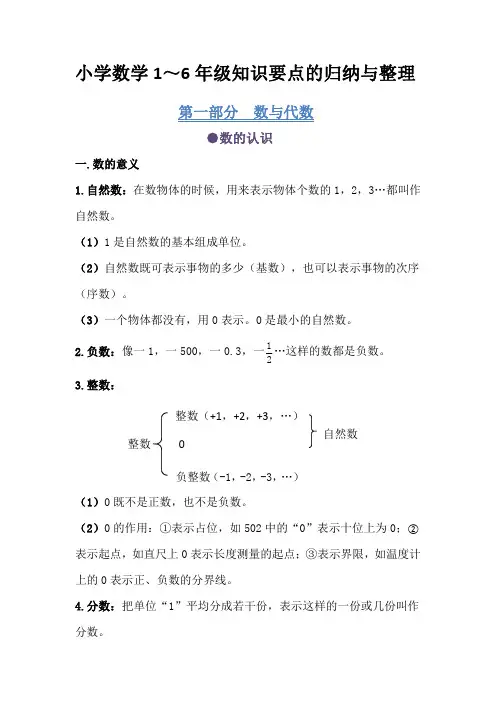 小学数学1～6年级知识要点的归纳与整理
