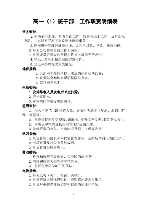 高一(  )班  班干部工作职责