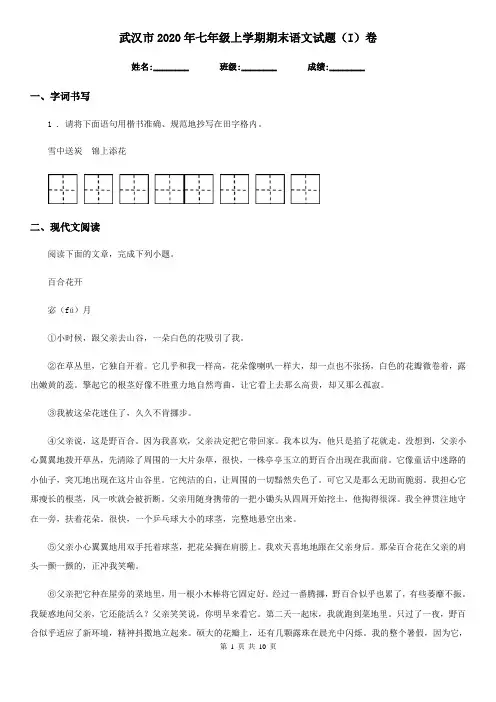 武汉市2020年七年级上学期期末语文试题(I)卷