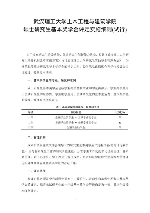 武汉理工大学研究生基本奖学金评定办法