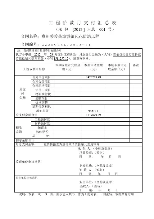 32-工程价款月支付汇总表