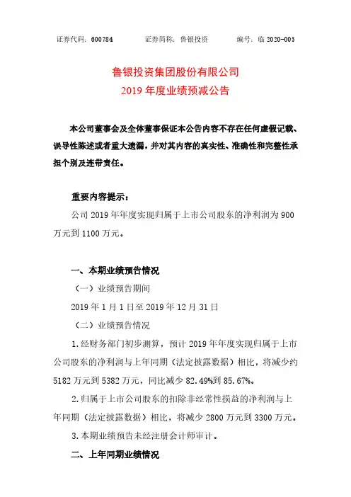 鲁银投资：2019年度业绩预减公告