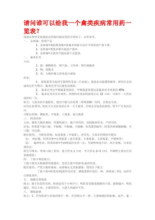 请问谁可以给我一个禽类疾病常用药一览表