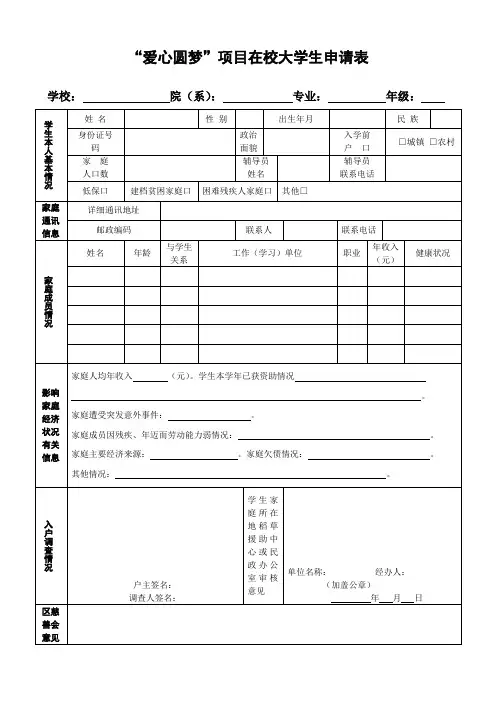 大学生贫困助学金申请表