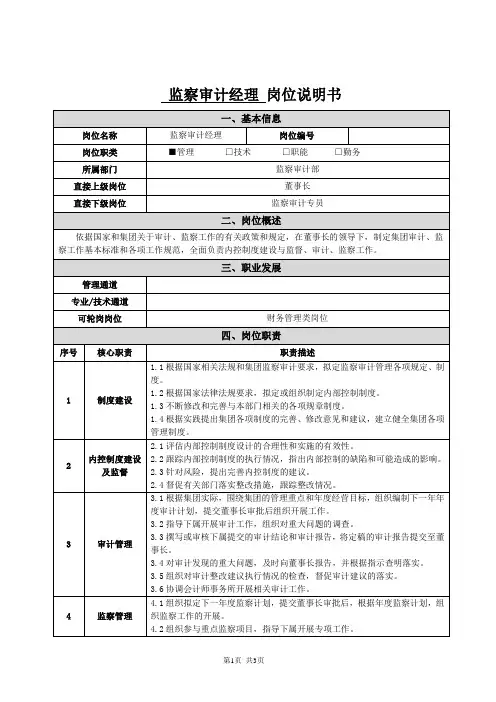监察审计部-监察审计经理-岗位说明书