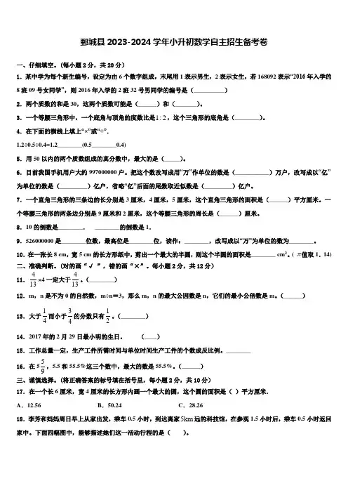 鄄城县2023-2024学年小升初数学自主招生备考卷含解析