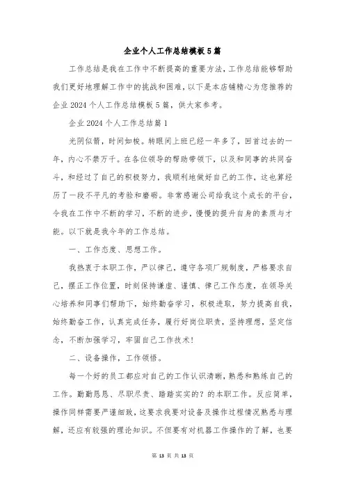 企业个人工作总结模板5篇