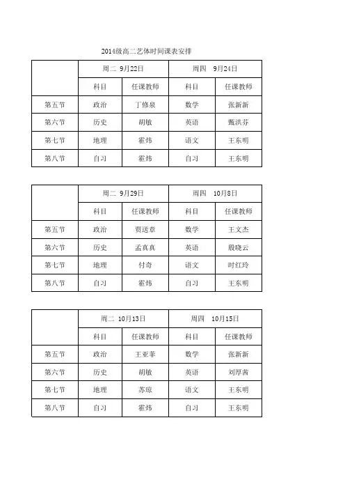艺体班专业课时课表安排。