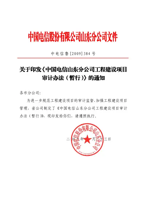 关于印发《中国电信山东分公司工程建设项目审计办法(暂行)》的通知(09年384号)