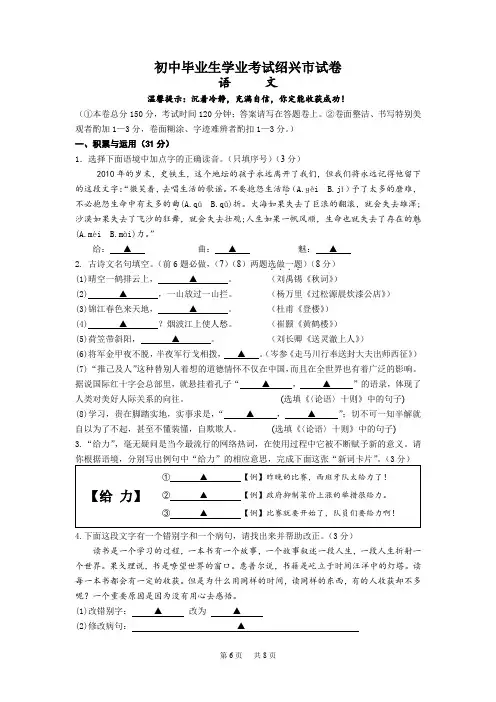 2020年浙江绍兴市中考语文试题(WORD版及答案)