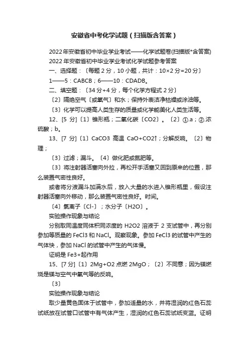 安徽省中考化学试题（扫描版含答案）