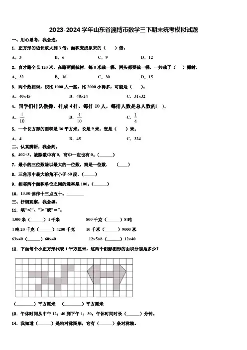 2023-2024学年山东省淄博市数学三下期末统考模拟试题含解析