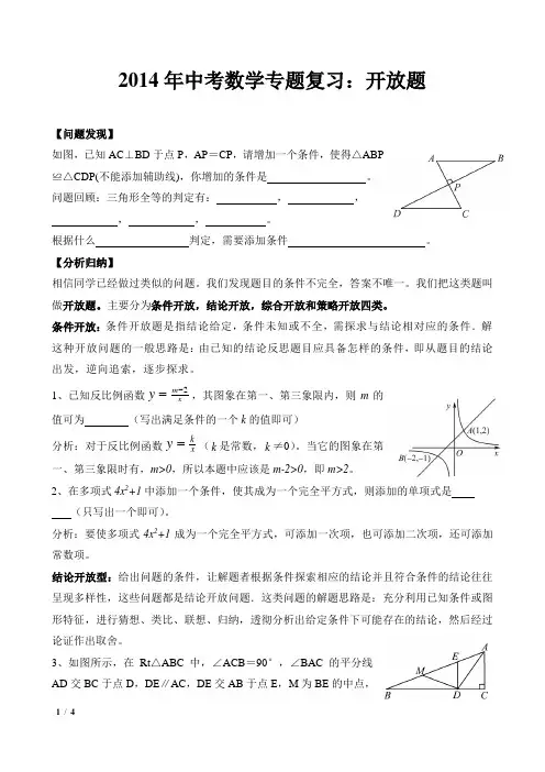 中考复习专题--开放性问题(导学案)