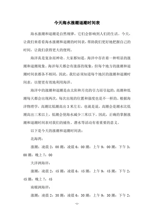 今天海水涨潮退潮时间表
