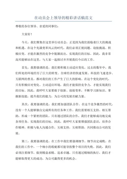 在动员会上领导的精彩讲话稿范文
