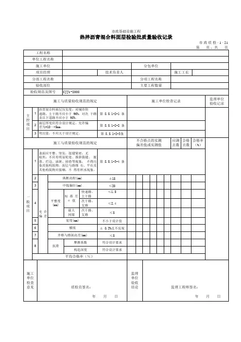 3121热拌沥青混合料面层检验批质量验收记录