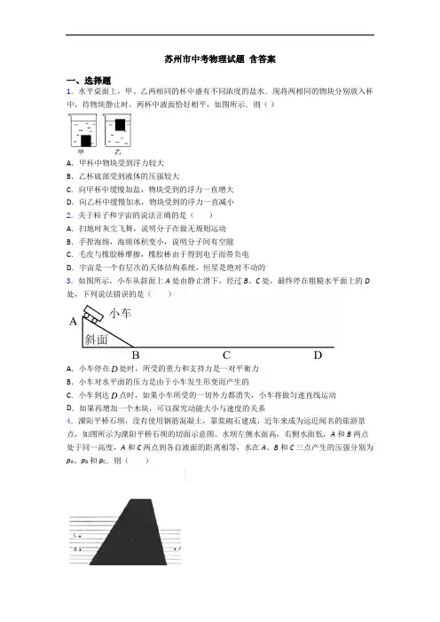 苏州市中考物理试题 含答案