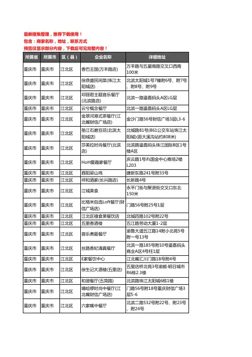 新版重庆市重庆市江北区酒店餐饮企业公司商家户名录单联系方式地址大全51家