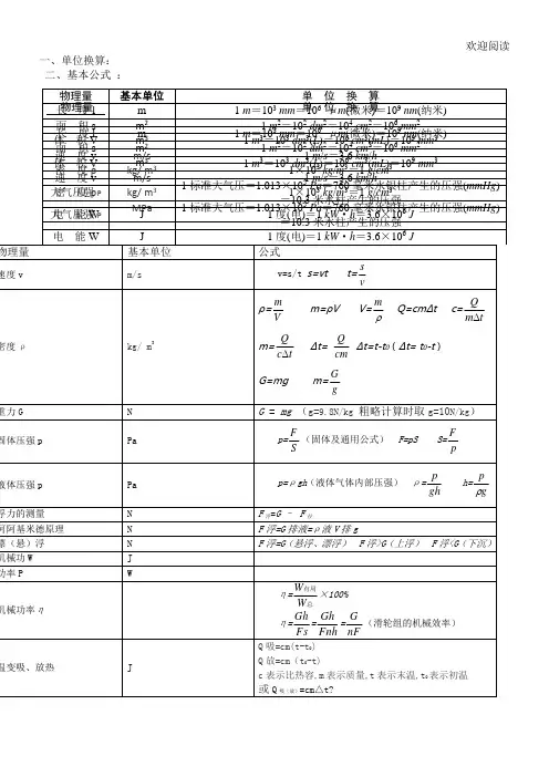 初中物理单位换算及基本公式