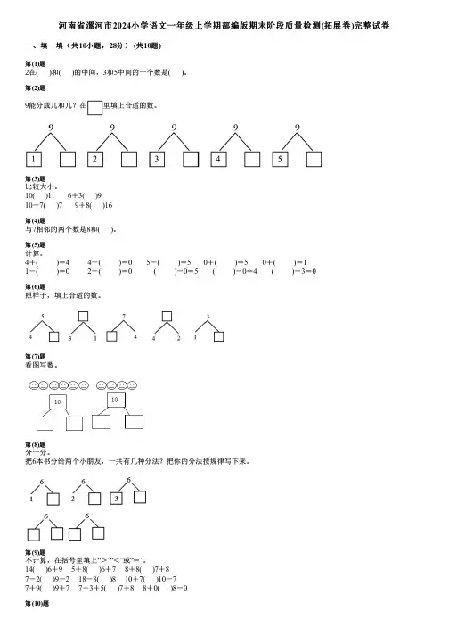 河南省漯河市2024小学数学一年级上学期部编版期末阶段质量检测(拓展卷)完整试卷