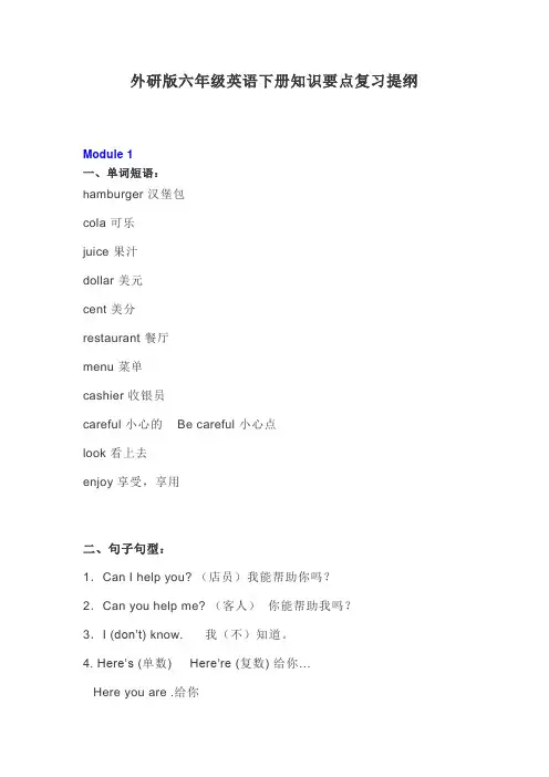 外研版(三起)六年级英语下册知识要点复习提纲