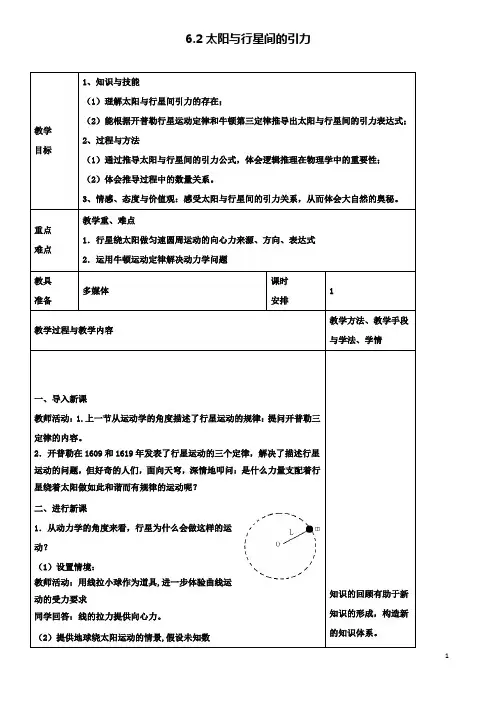 高中物理第六章万有引力与航天太阳与行星间的引力教案新人教必修