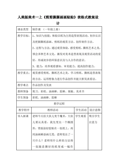 人美版美术一上《剪剪撕撕画画贴贴》表格式教案设计