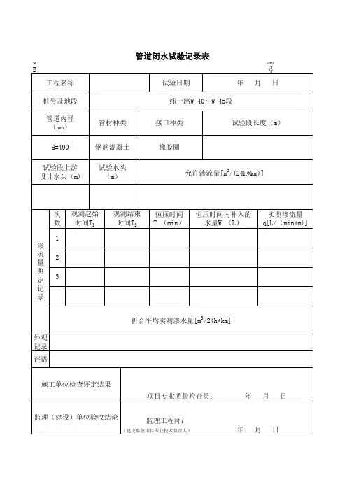 管道闭水试验记录表