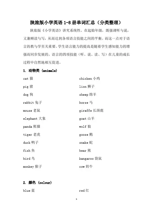 陕旅版小学英语1-8册单词汇总(分类整理)