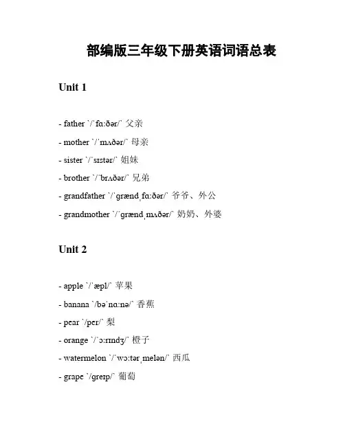 部编版三年级下册英语词语总表